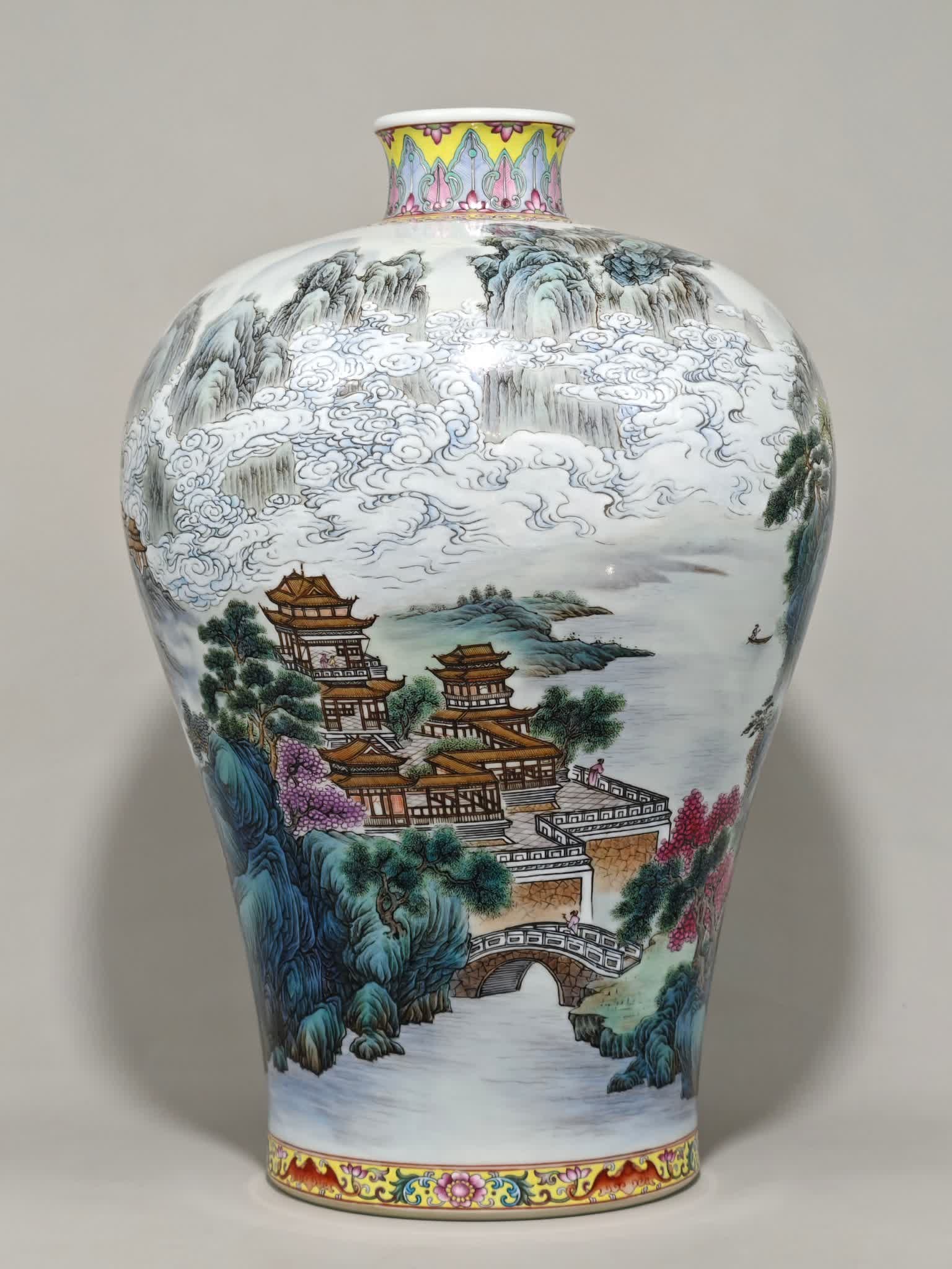 A pastel pavilion pavilion landscape plum vase made in the Qianlong period of the Qing Dynasty: Qianlong year of the Qing Dynasty pastel pavilion landscape pattern plum vase SIZE: H:45cm D:30cm (The Dimensions Of All Batches Are Manually Measured.If You Need More Detailed Information, Please Con