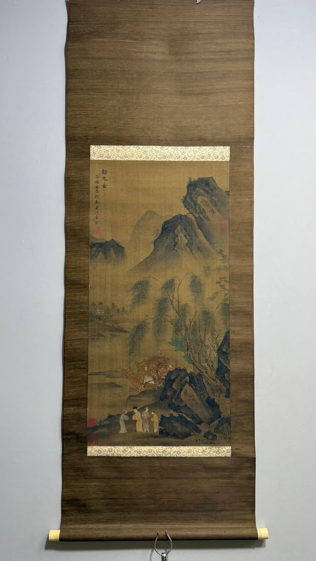 A landscape figure of Tang Yin: Tang Yin's landscape figures SIZE: Painting Core41x82cm (The Dimensions Of All Batches Are Manually Measured.If You Need More Detailed Information, Please Contact Our Customer Service Before Bidding.)
