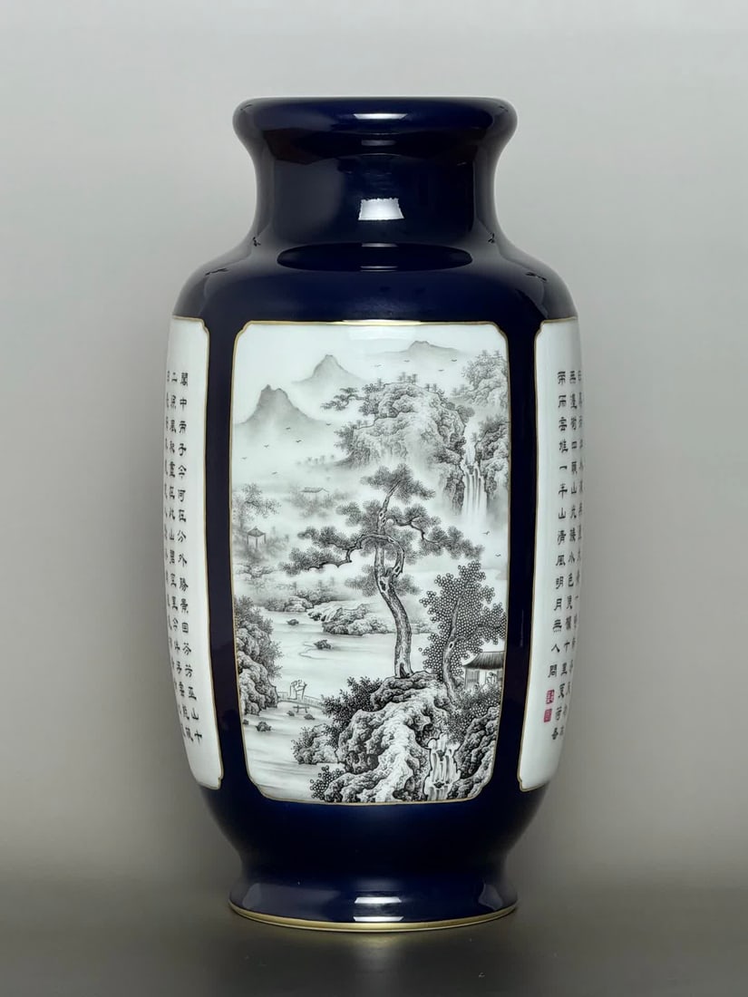 A Qianlong year sacrificial blue and gilded ink color landscape poem opening window roll lantern: Qianlong year system, sacrificial blue and gilded, ink color landscape poems, open windows, roll lantern bottles SIZE: H: 37cm Belly diameter 18.5cm Bottom diameter 13.1cm (The Dimensions Of All Batch