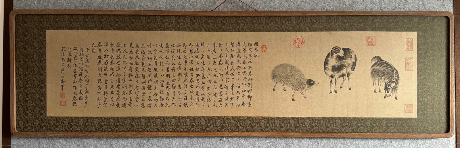 A picture of Qianlong's imperial pen three sheep opening a picture: Qianlong's imperial pen three sheep open the picture SIZE: Painting Core33x142cm (The Dimensions Of All Batches Are Manually Measured.If You Need More Detailed Information, Please Contact Our Customer