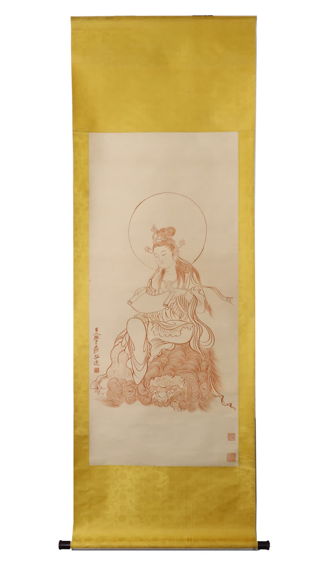 A picture of Zhang Daqian's cinnabar Guanyin: Zhang Daqian's cinnabar Guanyin picture SIZE: Painting Core60x133cm (The Dimensions Of All Batches Are Manually Measured.If You Need More Detailed Information, Please Contact Our Customer Service Befo