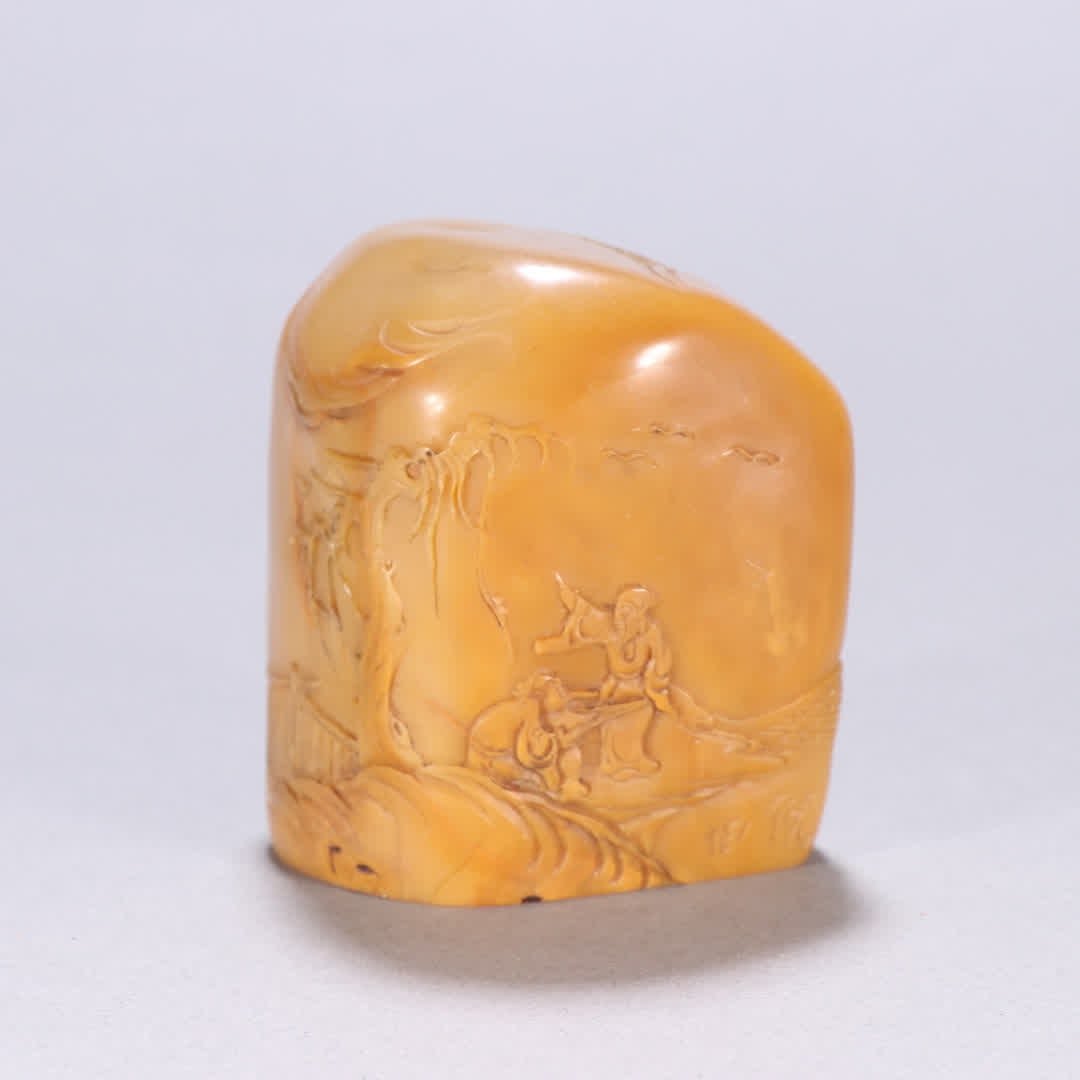 A Qing Dynasty Tian Huangshi landscape character pattern seal: Qing Dynasty Tian Huangshi landscape character seal SIZE: H:6.3cm W:6.1cm W:233.1g (The Dimensions Of All Batches Are Manually Measured.If You Need More Detailed Information, Please Contact Our