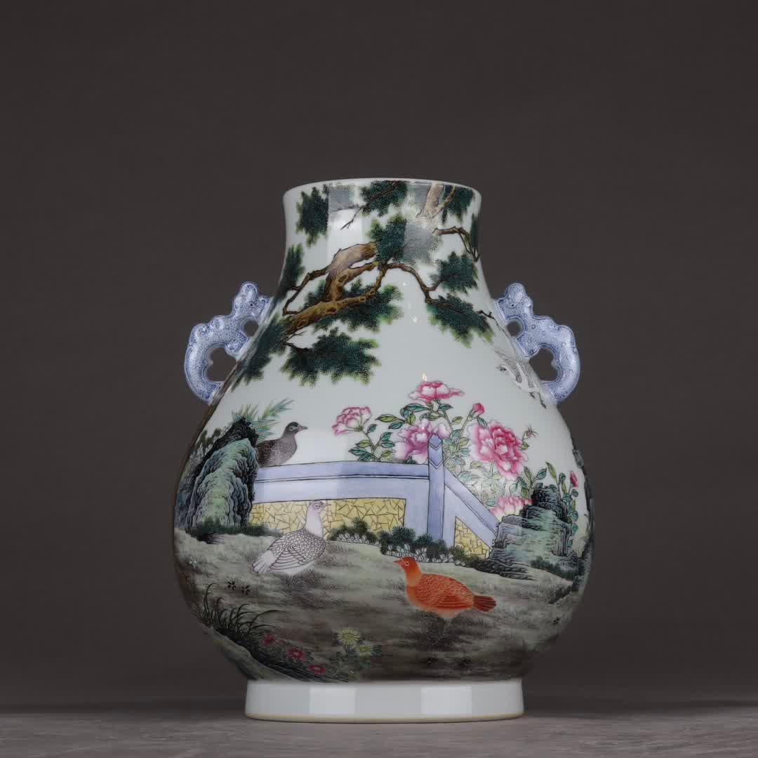 A pair of Qing Qianlong pastel flowers and birds poetry and prose amphora (1 of 9)