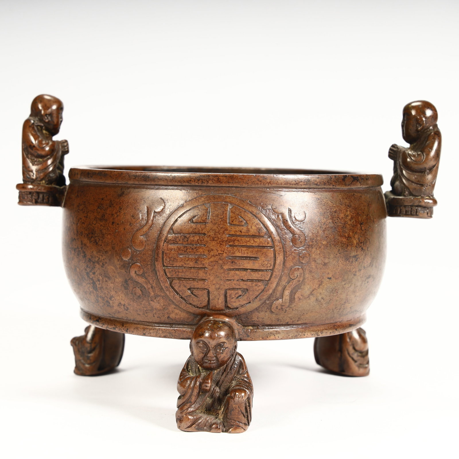 A Qing Dynasty copper boy pattern longevity incense burner - 4