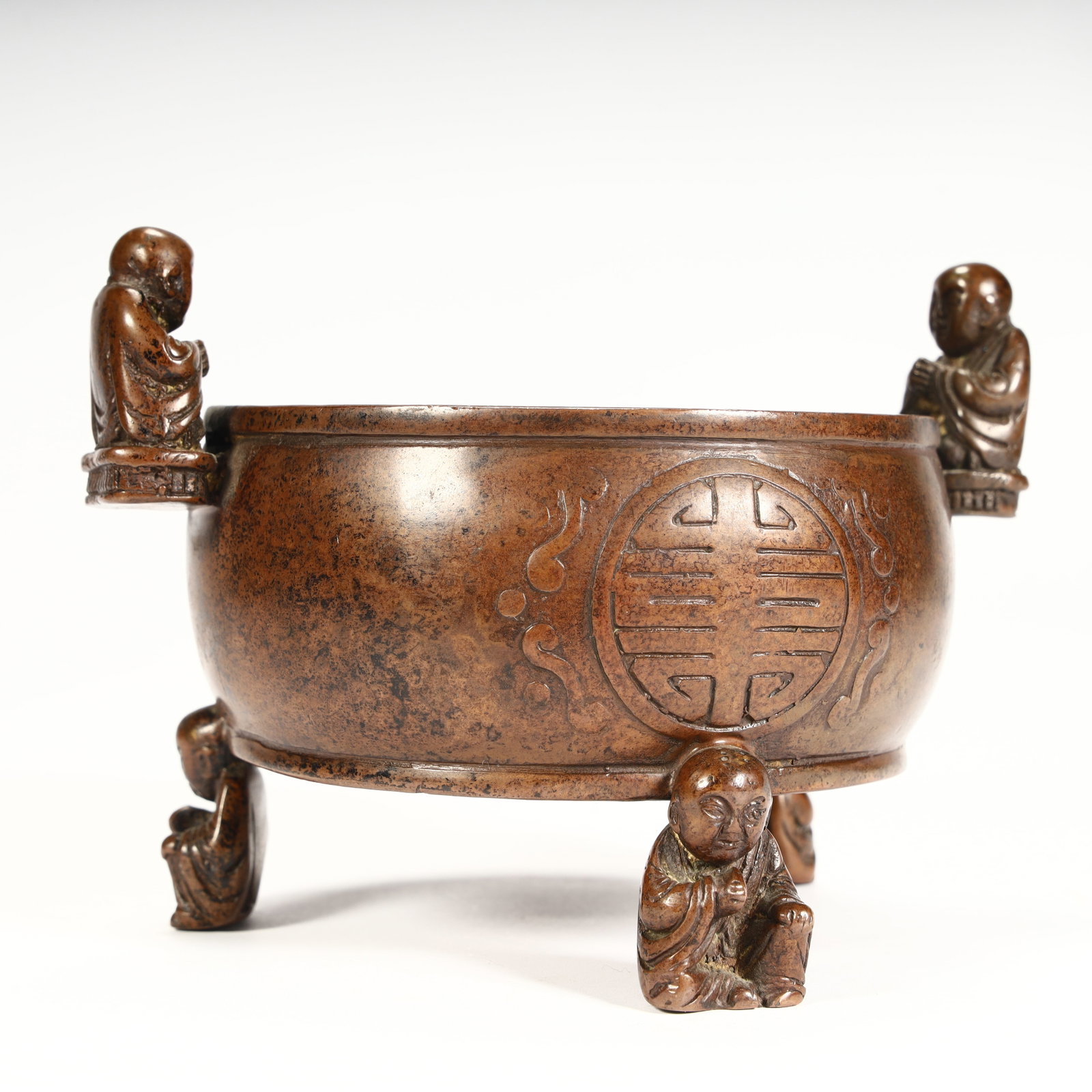 A Qing Dynasty copper boy pattern longevity incense burner - 5
