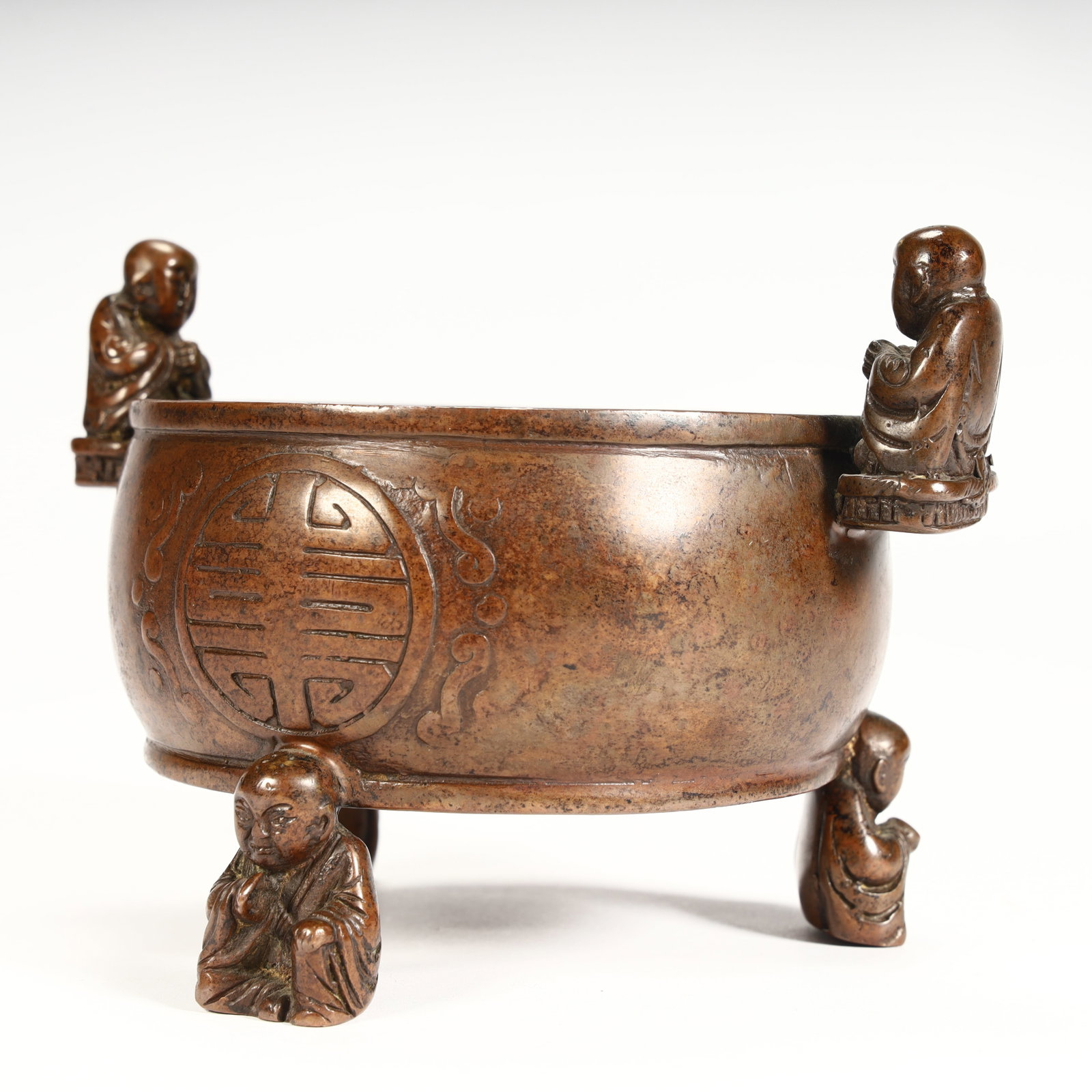 A Qing Dynasty copper boy pattern longevity incense burner - 6