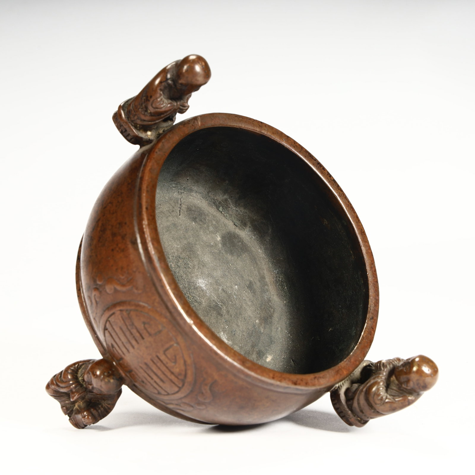A Qing Dynasty copper boy pattern longevity incense burner - 7