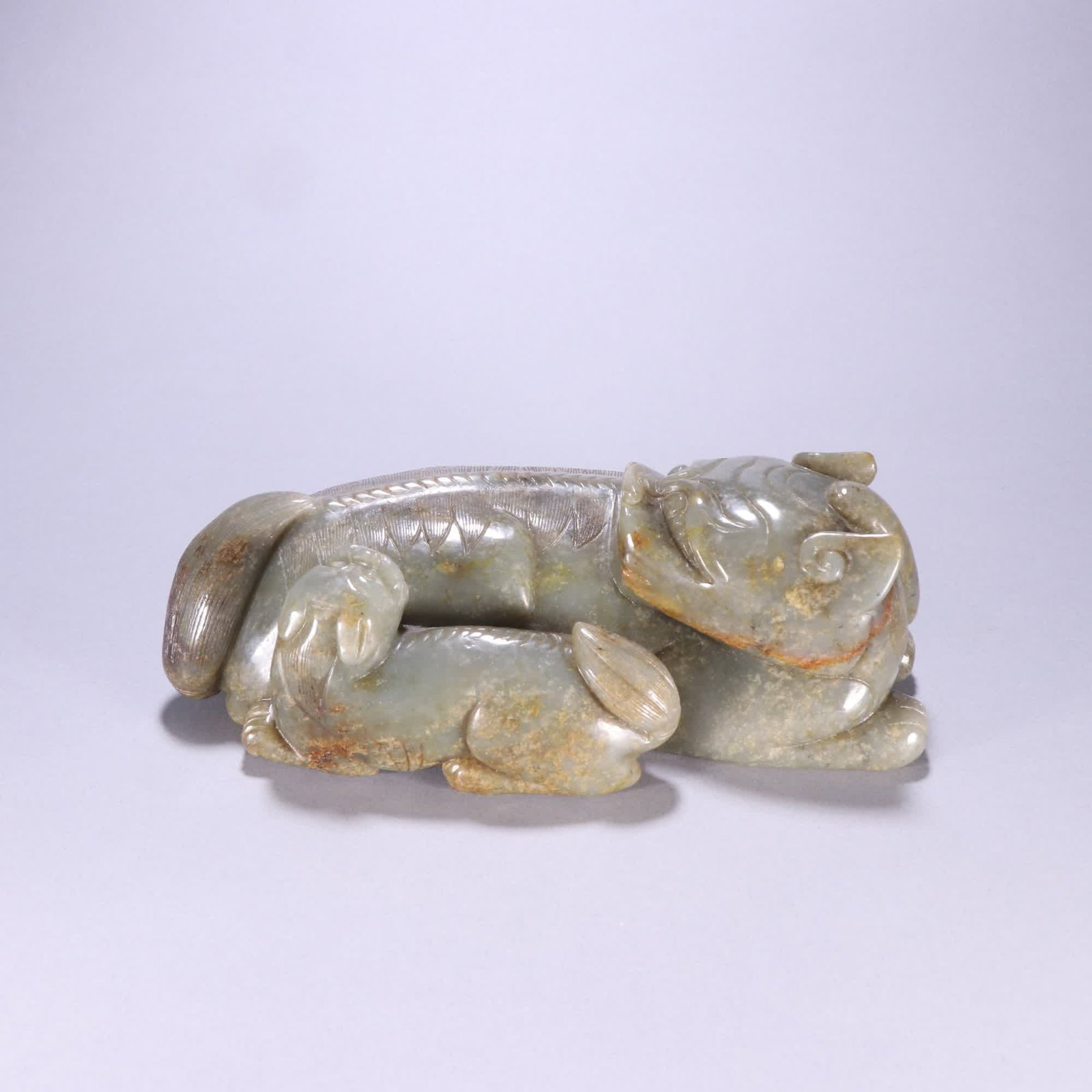 A Qing Dynasty Hetian jade mother beast ornament: Qing Dynasty Hetian jade mother beast ornament SIZE: H:7.5cm W:22.8cm W:2996.4g (The Dimensions Of All Batches Are Manually Measured.If You Need More Detailed Information, Please Contact Our Customer