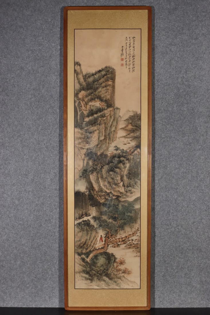 A landscape map by Zhang Daqian: Zhang Daqian's landscape map SIZE: Painting Core144x36cm (The Dimensions Of All Batches Are Manually Measured.If You Need More Detailed Information, Please Contact Our Customer Service Before Bidding.