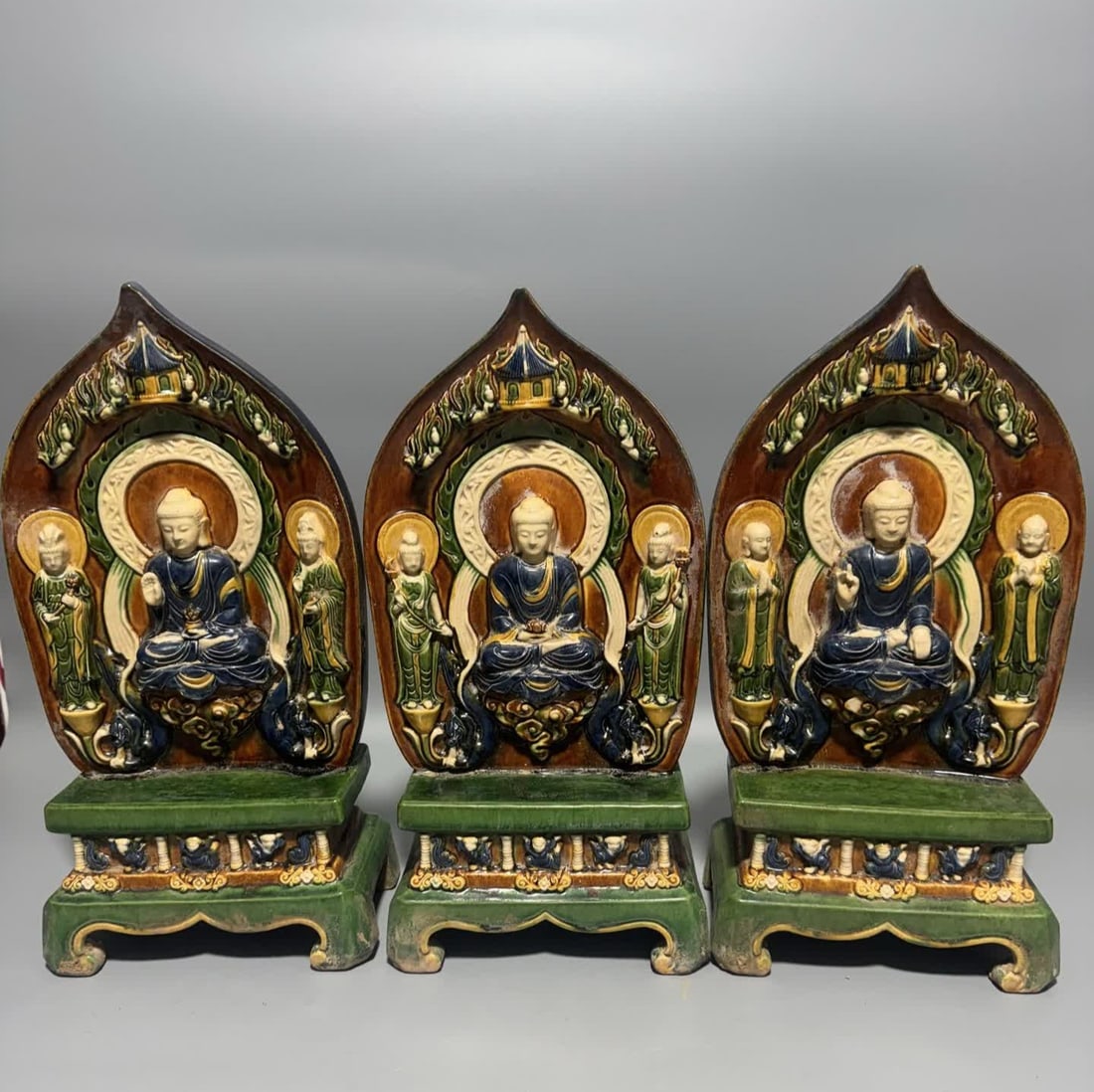 A set of Tang Dynasty three colors Western three saints: Tang Dynasty Three Colorful Western Three Saints SIZE: Single H: 38cm W: 20cm (The Dimensions Of All Batches Are Manually Measured.If You Need More Detailed Information, Please Contact Our Customer Se