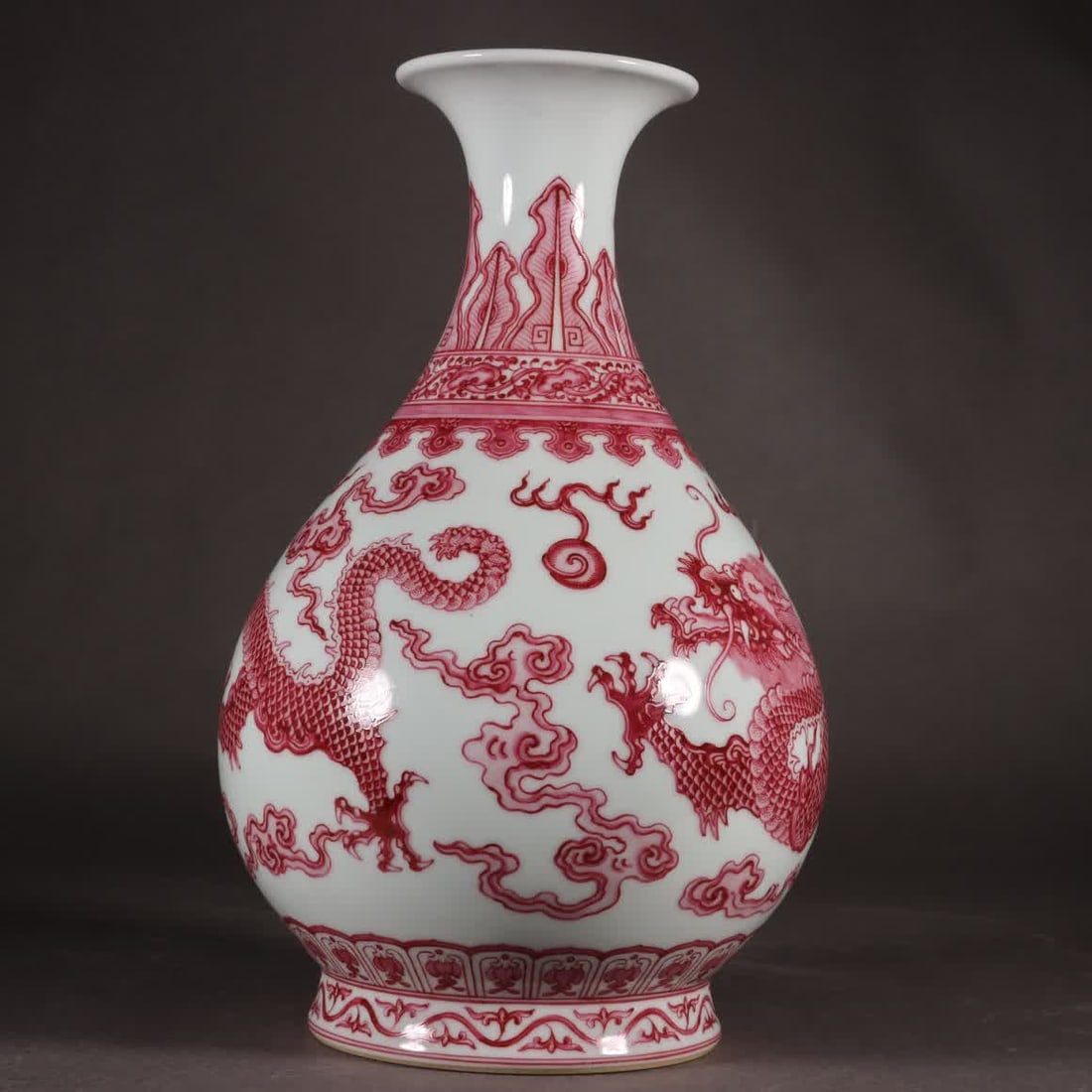 A ruby red double dragon playing pearl jade pot spring vase - 4