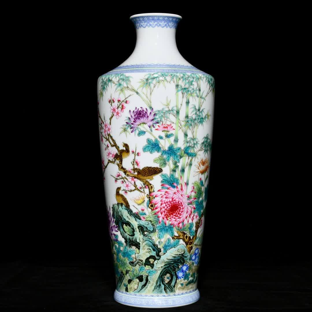 A Qing Yongzheng pastel peaceful and happy business pattern plum bottle: Qing Yongzheng pastel peaceful and happy business pattern plum bottle SIZE: H:38.5cm D:16cm (The Dimensions Of All Batches Are Manually Measured.If You Need More Detailed Information, Please Contact O