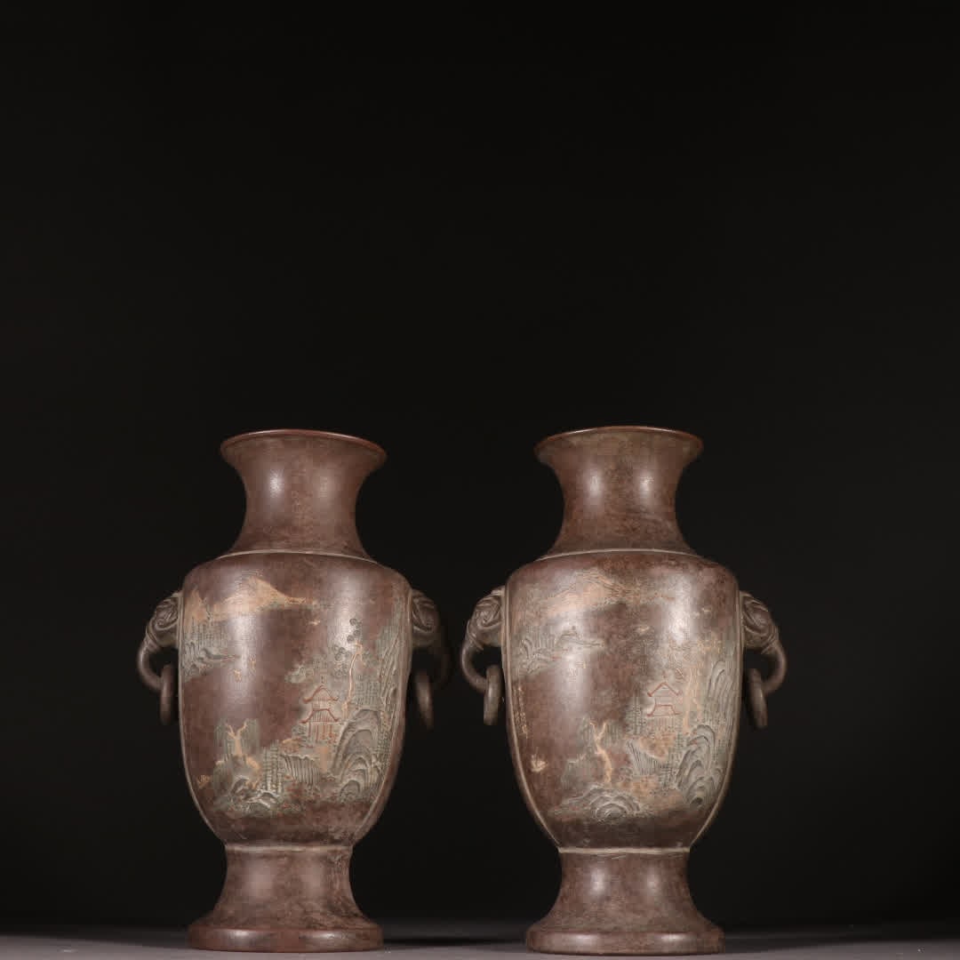 A pair of purple sand mud painting landscape hidden images ear bottles: Wang Nanlin's purple sand mud painting landscape hidden image ear bottle SIZE: H:18.5cm W:11.8cm (The Dimensions Of All Batches Are Manually Measured.If You Need More Detailed Information, Please Cont