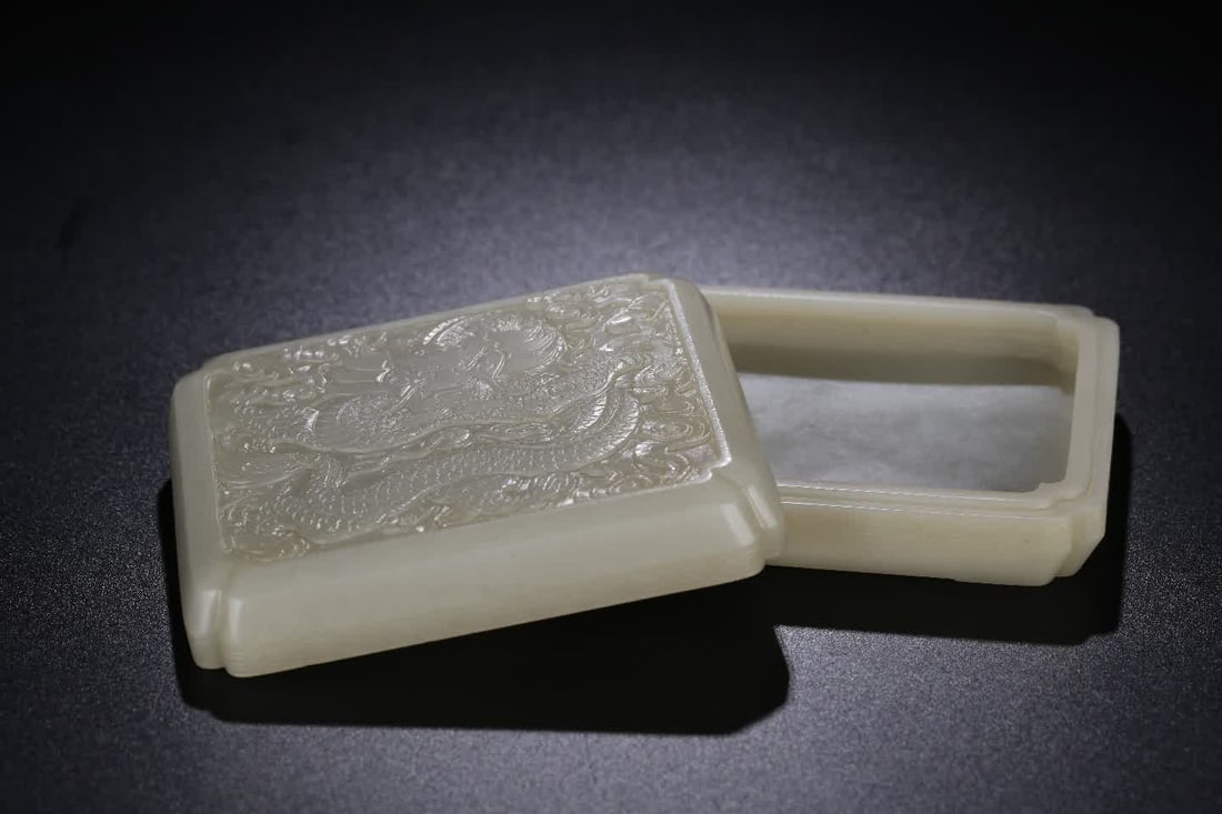 A Hetian white jade dragon pattern square ink box - 7