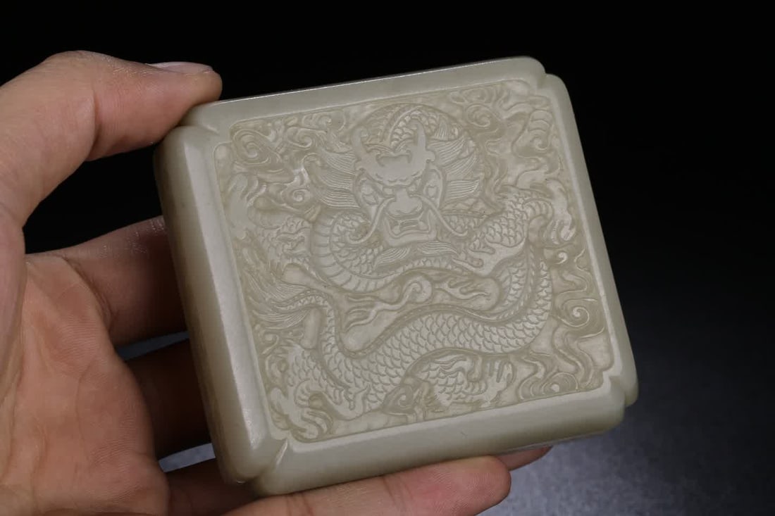 A Hetian white jade dragon pattern square ink box - 9