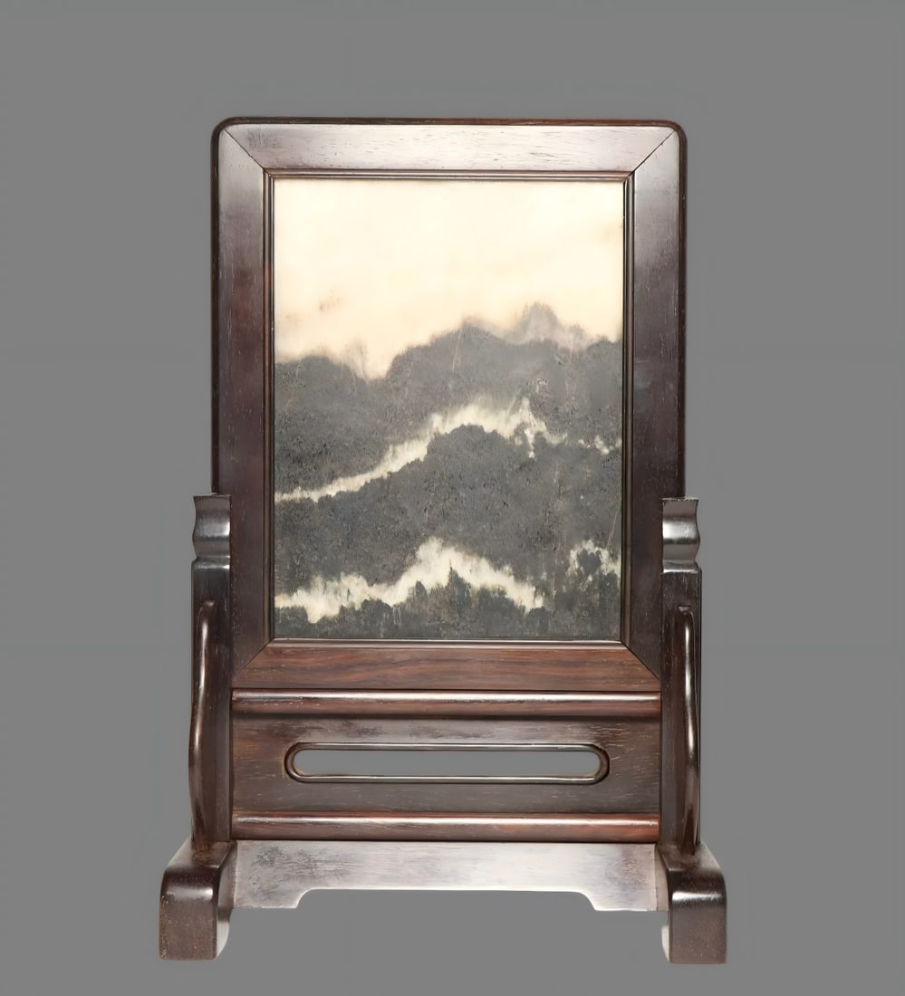 A Qing Dynasty rosewood inlaid marble case screen: Qing Dynasty rosewood inlaid marble case screen SIZE: L:15.2cm W:9.7cm H:23.5cm (The Dimensions Of All Batches Are Manually Measured.If You Need More Detailed Information, Please Contact Our Customer 