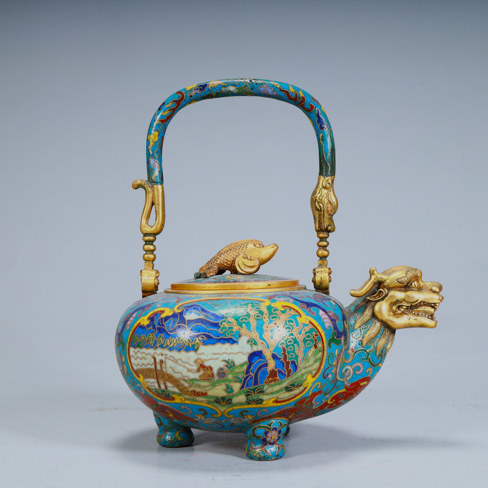 A Qing Dynasty copper tire cloisonné enamel landscape pattern beam pot: Qing Dynasty copper tire cloisonné enamel landscape pattern lift beam pot SIZE: H:18cm L:16cm W:11.5cm W:677g (The Dimensions Of All Batches Are Manually Measured.If You Need More Detailed Informatio