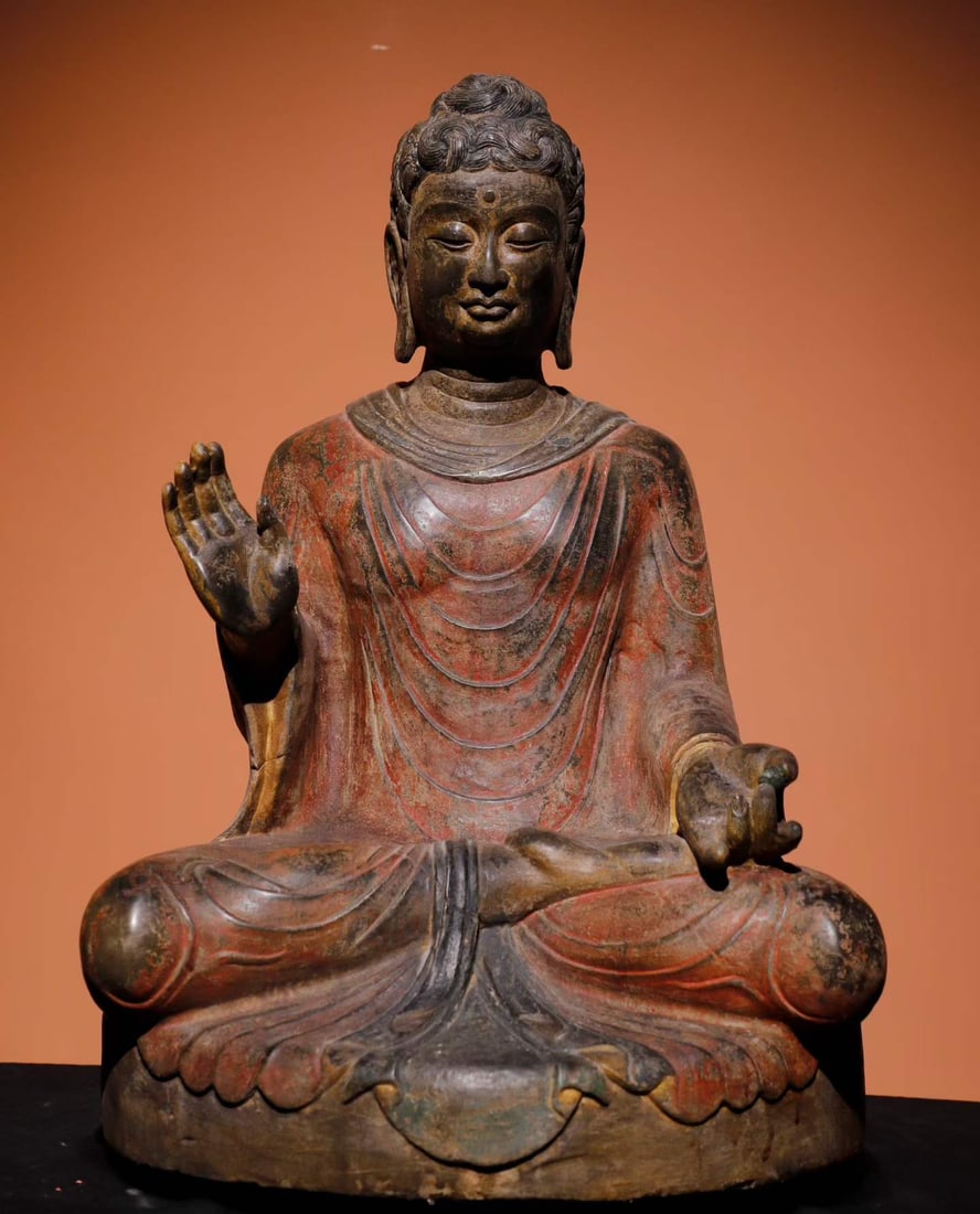 A Tang Dynasty bluestone painted Buddha statue: Tang Dynasty bluestone painted Buddha statues SIZE: H:68cm W:46cm T:42cm (The Dimensions Of All Batches Are Manually Measured.If You Need More Detailed Information, Please Contact Our Customer Service