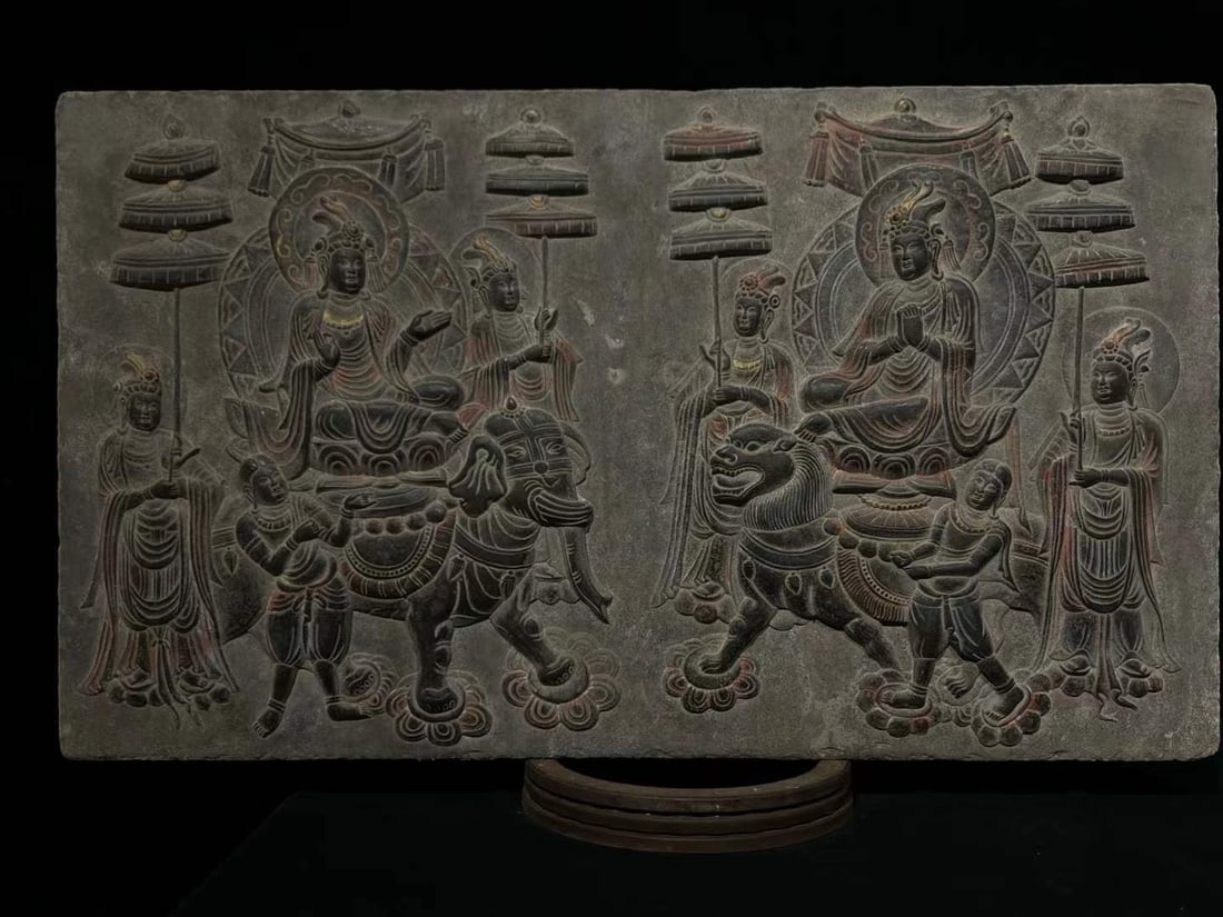 A Tang Dynasty bluestone painted Manjushri and Puxian Bodhisattva travel map statue stele: Tang Dynasty bluestone painted Manjushri and Puxian Bodhisattva's travel map statue stele SIZE: H:50cm L:86cm T:7cm (The Dimensions Of All Batches Are Manually Measured.If You Need More Detailed Infor
