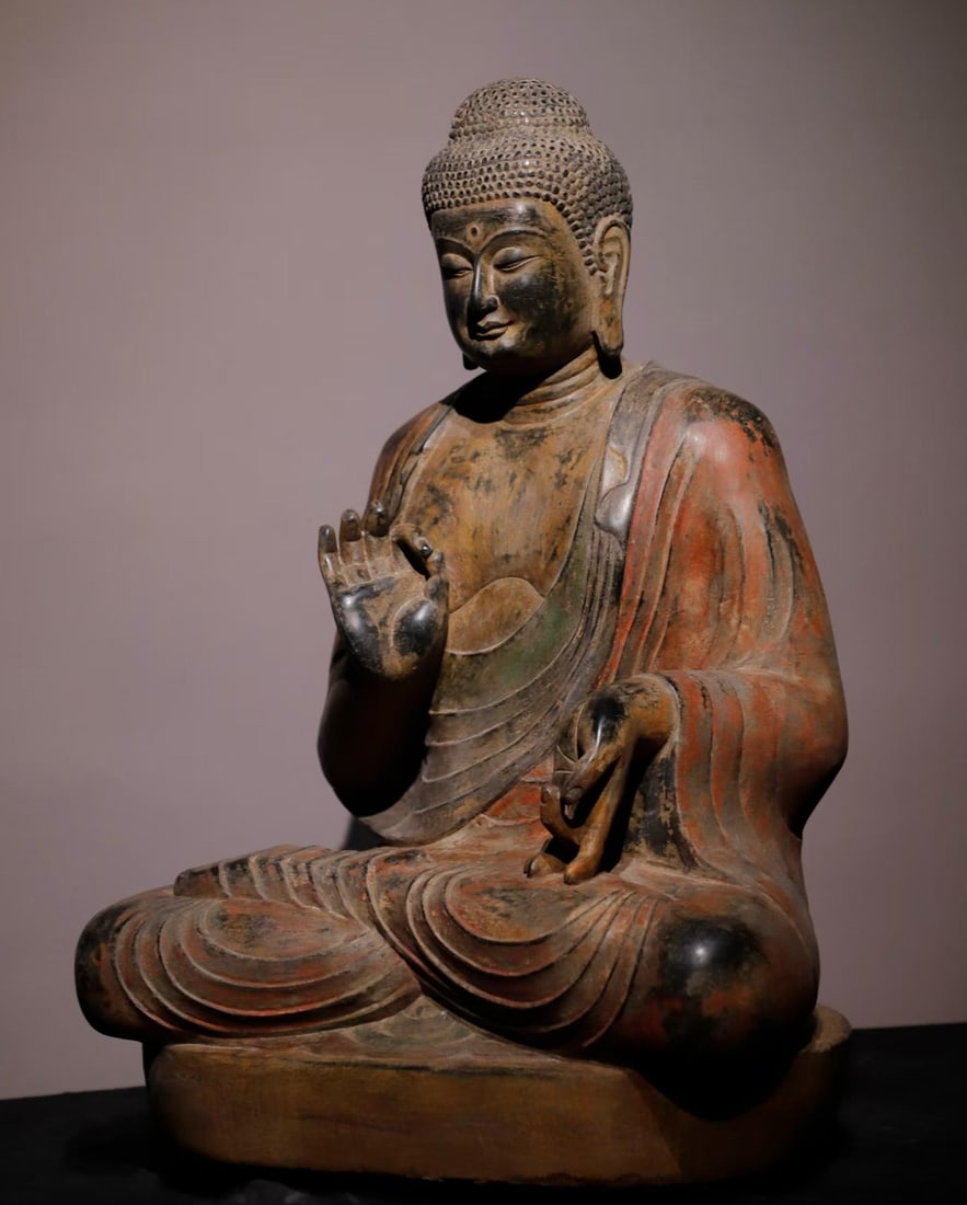 A Tang Dynasty bluestone painted Buddha statue - 8