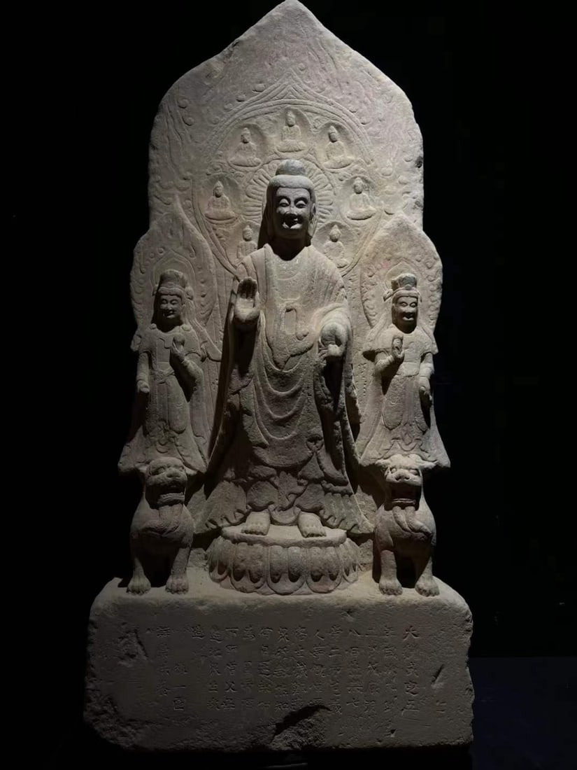 A sandstone statue of one Buddha and two Bodhisattvas from the Northern Qi Dynasty: A sandstone statue of one Buddha and two Bodhisattvas in the Northern Qi Dynasty SIZE: H:110cm W:48cm . T:24cm (The Dimensions Of All Batches Are Manually Measured.If You Need More Detailed Informatio