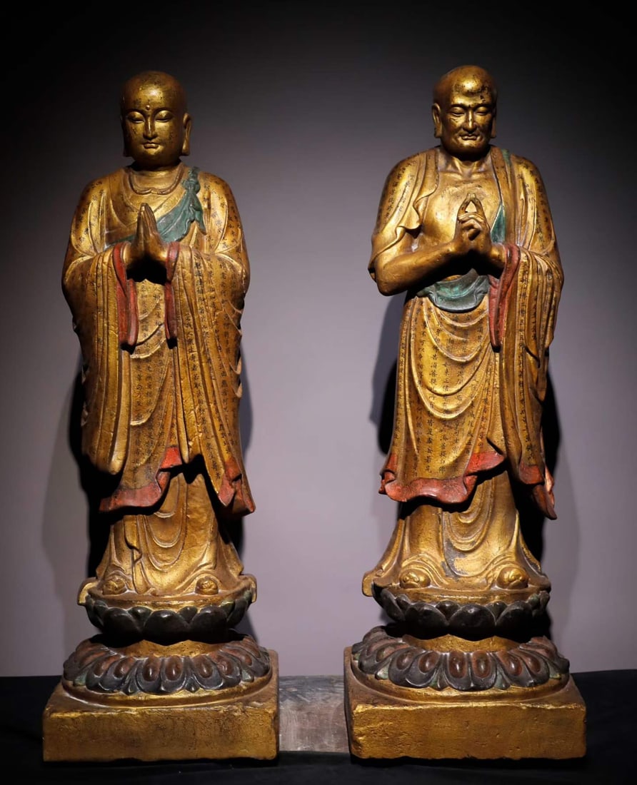 A pair of Tang Dynasty bluestone gilt painted Ananda Kasyapa: Tang Dynasty bluestone gilt painted Ananda Kasyapa SIZE: H:100cm W:33cm T:31cm (The Dimensions Of All Batches Are Manually Measured.If You Need More Detailed Information, Please Contact Our Customer S