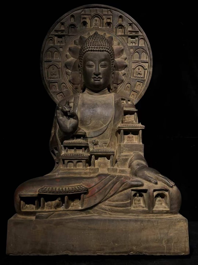 A Tang Dynasty bluestone painted statue of Shakyamuni Buddha: Tang Dynasty bluestone painting of Shakyamuni Buddha statue SIZE: H:120cm (The Dimensions Of All Batches Are Manually Measured.If You Need More Detailed Information, Please Contact Our Customer Servic