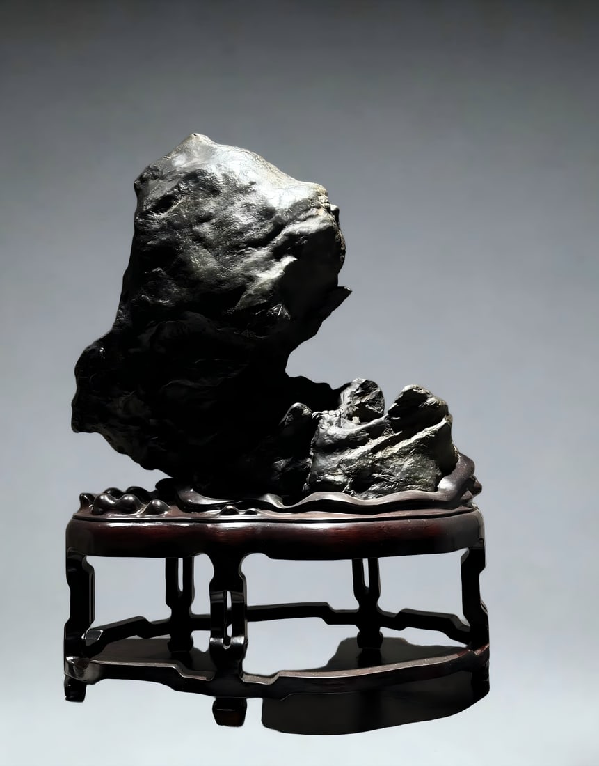 A Qing Dynasty Lingbi stone study room mountain-shaped mountain ornament: Qing Dynasty Lingbi stone study room mountain-shaped mountain ornament SIZE: H:38cm W:36cm T:23cm (The Dimensions Of All Batches Are Manually Measured.If You Need More Detailed Information, Please Con