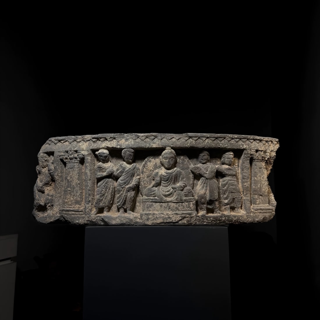 A stone ornament of Gandhara Buddha and his disciples from the 2nd to 5th centuries AD: Gandhara Buddha and his disciples stone carving ornaments SIZE: W:40cm H:13cm (The Dimensions Of All Batches Are Manually Measured.If You Need More Detailed Information, Please Contact Our Customer Se