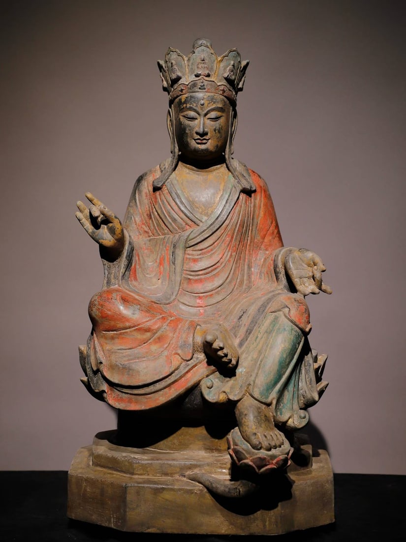 A Song Dynasty bluestone painted Ksitigarbha Bodhisattva: Song Dynasty bluestone painted Ksitigarbha Bodhisattva SIZE: H:72cm W:40cm T:39cm (The Dimensions Of All Batches Are Manually Measured.If You Need More Detailed Information, Please Contact Our Custome