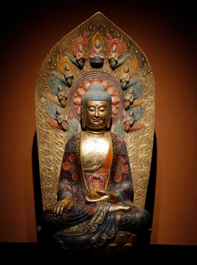 A Tang Dynasty white jade golden painted Buddha: Tang Dynasty white jade golden body painted Buddha SIZE: H:120cm W:63cm T:46cm (The Dimensions Of All Batches Are Manually Measured.If You Need More Detailed Information, Please Contact Our Customer S