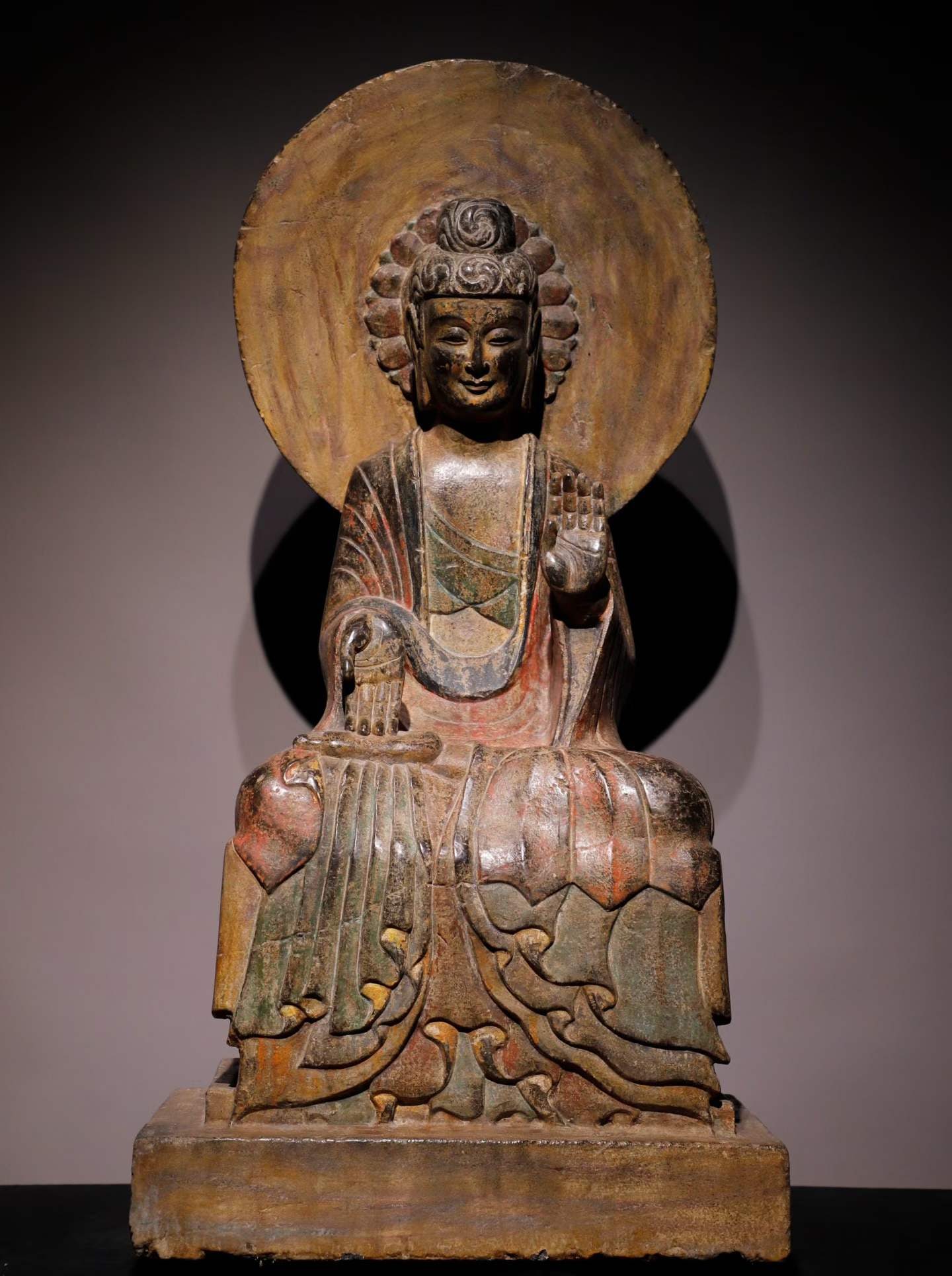 A Northern Wei bluestone painted Buddha statue: Northern Wei Dynasty bluestone painted Buddha statue SIZE: H:98cm W:48cm T:32cm (The Dimensions Of All Batches Are Manually Measured.If You Need More Detailed Information, Please Contact Our Customer 