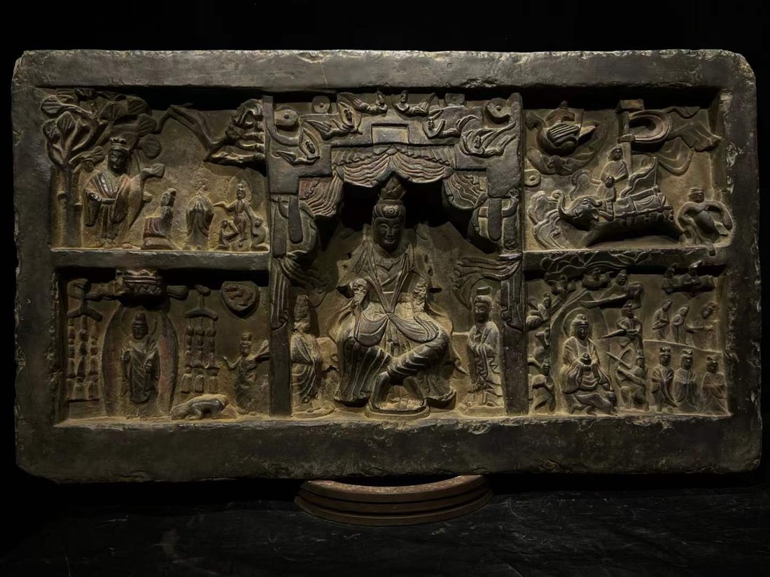 A statue of a Northern Dynasty bluestone painted Buddha story: Northern Dynasty bluestone painted Buddha story statue stele SIZE: Bluestone H: 48cm L: 84cm T: 13cm (The Dimensions Of All Batches Are Manually Measured.If You Need More Detailed Information, Please 