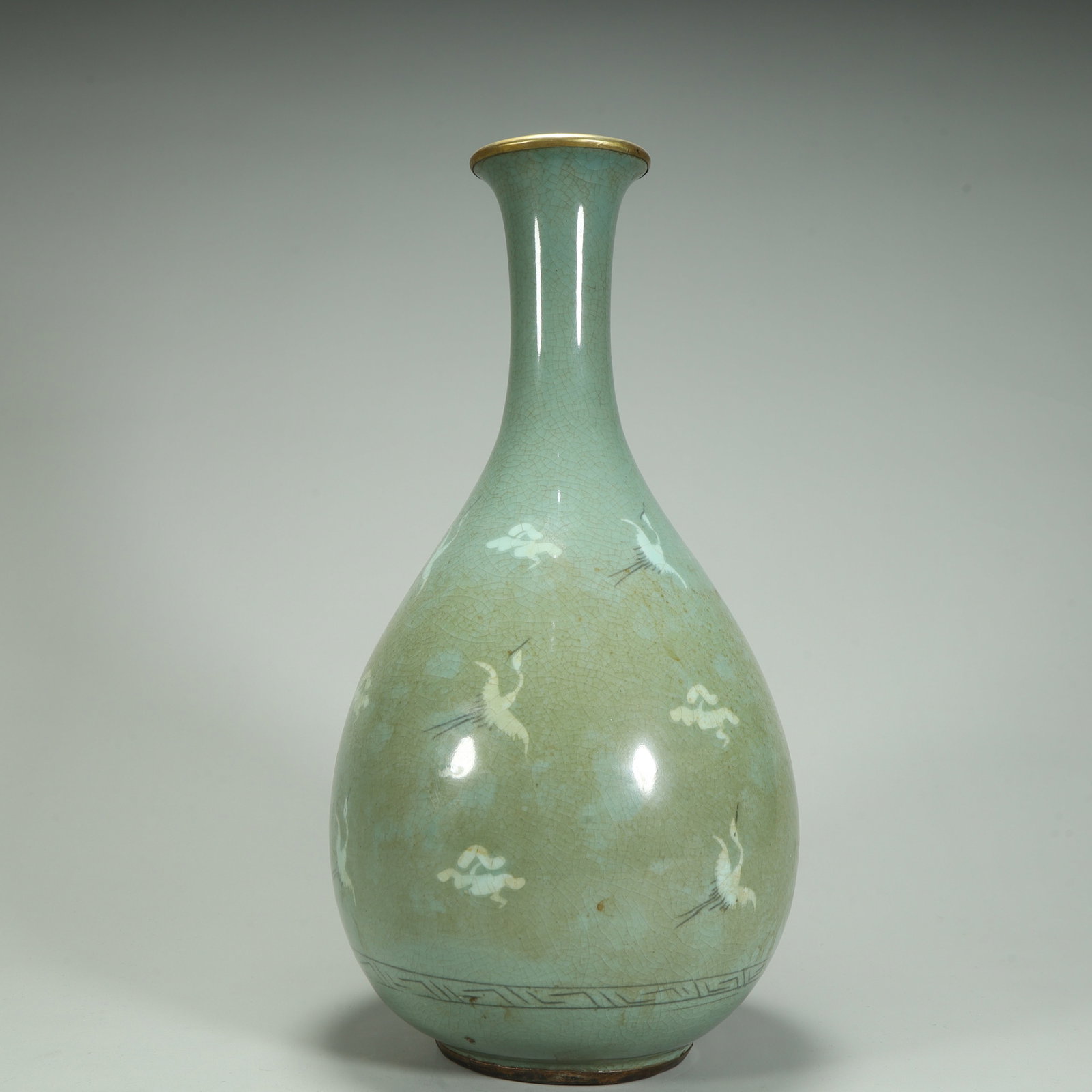 A Qing Dynasty celadon inlaid with a cloud crane pattern jade pot spring vase (1 of 8)