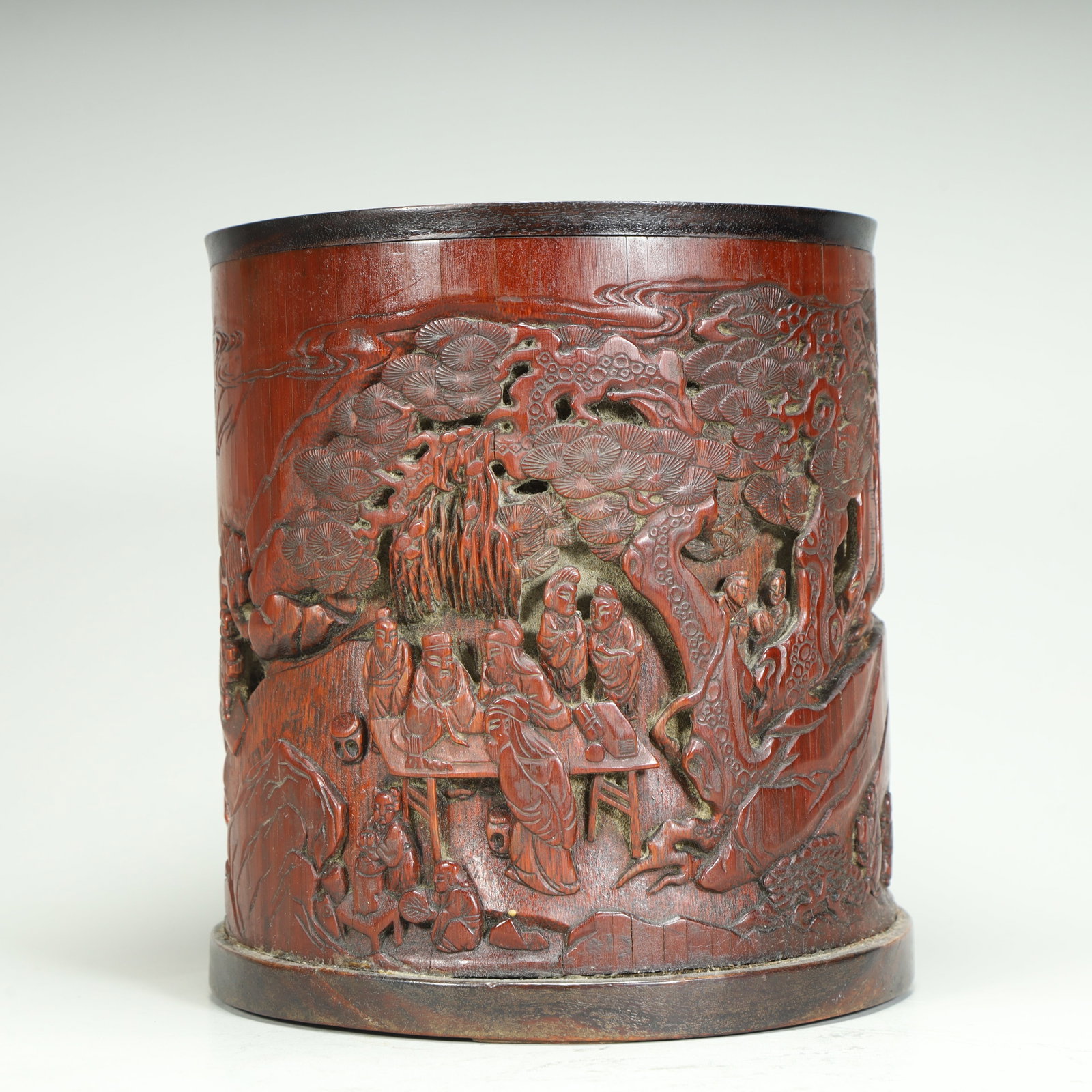 A Qing Dynasty bamboo carving literati elegant collection of picture pen holders: Qing Dynasty bamboo carving literati elegant collection of picture pen holder SIZE: H:16.5cm L:15cm W:14.5cm W:765g (The Dimensions Of All Batches Are Manually Measured.If You Need More Detailed Infor