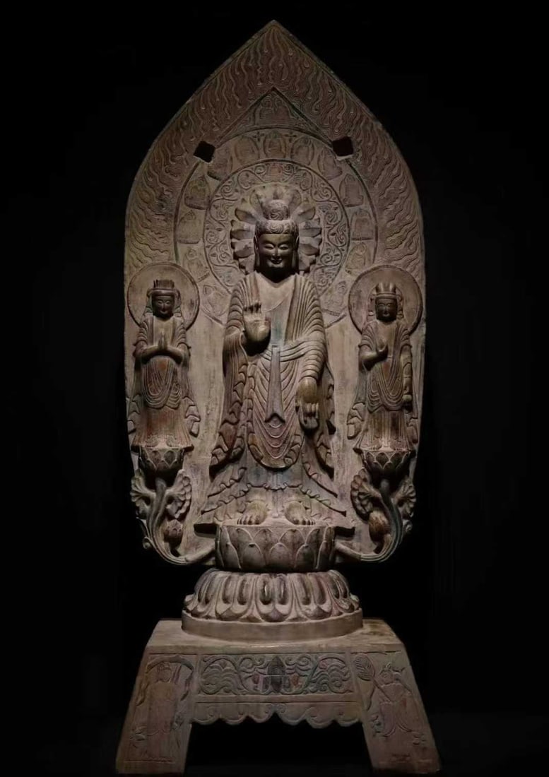 A piece of Northern Wei bluestone painted three Buddha backrests: Northern Wei Dynasty bluestone painted three Buddha backrests SIZE: H:155cm W:68cm T:47cm (The Dimensions Of All Batches Are Manually Measured.If You Need More Detailed Information, Please Contact Our