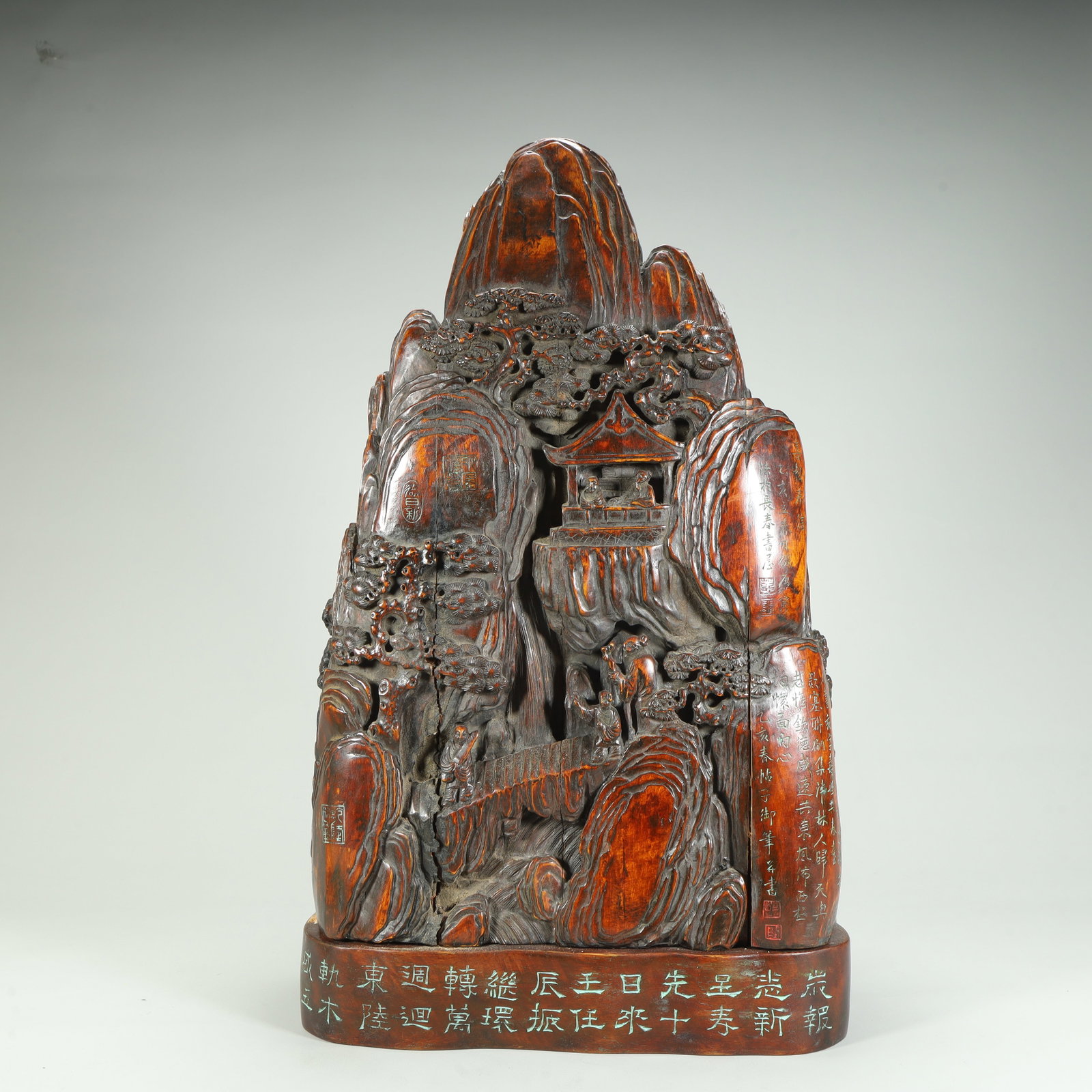 A Qing Dynasty wood carving landscape character poetry and mountain ornament: Qing Dynasty wood carving landscape figure poetry and mountain ornament SIZE: H:46cm L:27cm W:13cm W:6.2kg (The Dimensions Of All Batches Are Manually Measured.If You Need More Detailed Information, P