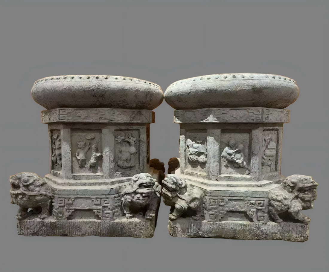 A pair of Ming Dynasty bluestone figure pillar piers (1 of 9)