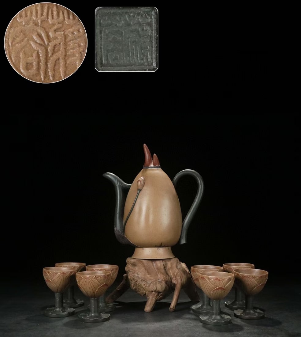 A [Jiang Rong] lotus root reverse pot: ?? Jiang Rong ? Lotus Root Reverse Flow Pot ?? Brief Description ? Jiang Rong was born in 1919 in Qianluo Village, Chuanbu, Yixing, Jiangsu Province, member of the China Arts and Crafts Society, consu