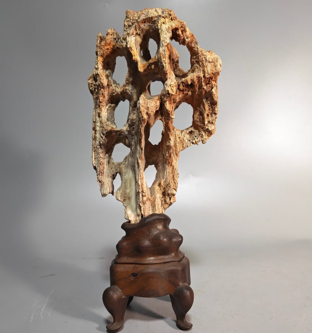 A Qing Dynasty wood fossil study ornament: Qing Dynasty wood fossil study ornaments SIZE: With base H: 29cm W: 13cm T: 9cm W: 890g (The Dimensions Of All Batches Are Manually Measured.If You Need More Detailed Information, Please Contact Our C
