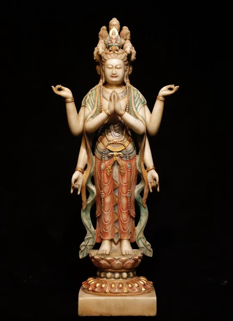 A piece of Tang Dynasty white jade painted eleven-sided Guanyin: Tang Dynasty white jade painted eleven-sided Guanyin SIZE: H:123cm W:52cm T:31cm (The Dimensions Of All Batches Are Manually Measured.If You Need More Detailed Information, Please Contact Our Customer