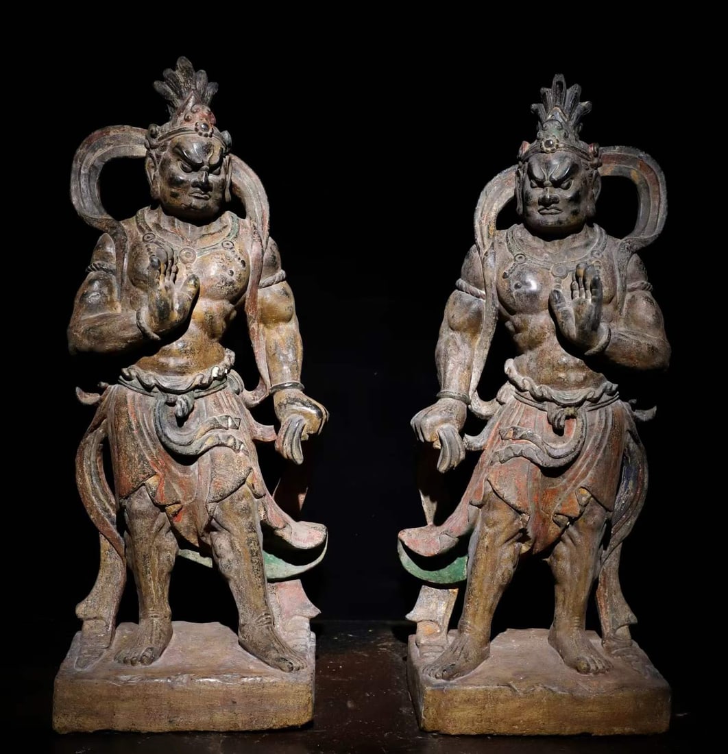 A pair of Tang Dynasty bluestone painted protectors: Tang Dynasty bluestone painted protector wrestlers SIZE: H:82cm W:35cm T:23cm (The Dimensions Of All Batches Are Manually Measured.If You Need More Detailed Information, Please Contact Our Customer Se