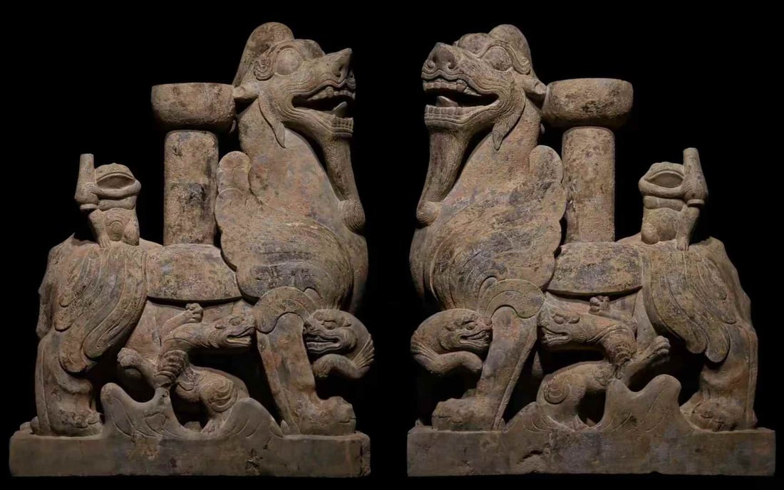 A pair of Han Dynasty evil stone lampstands: Han Dynasty evil stone lighthouse SIZE: H:60cm L:46cm W:26cm (The Dimensions Of All Batches Are Manually Measured.If You Need More Detailed Information, Please Contact Our Customer Service Before Bidd