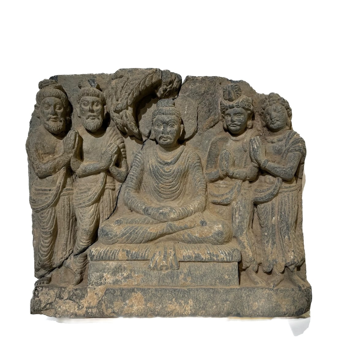 A Gandhara stone carving of shale in the first century AD, Brahma persuaded (1 of 9)