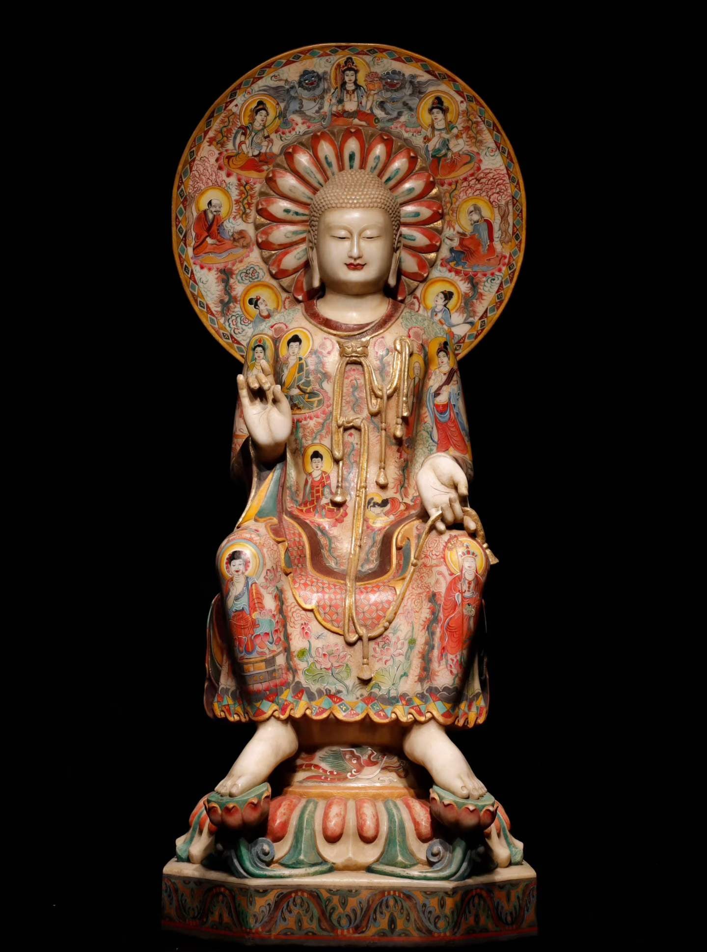 A piece of Northern Qi white jade painted Buddha: Northern Qi Han white jade painted Buddha SIZE: H:163cm W:66cm T:58cm (The Dimensions Of All Batches Are Manually Measured.If You Need More Detailed Information, Please Contact Our Customer Service Be