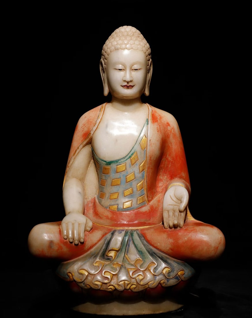 A Northern Qi white jade painted Buddha statue: Northern Qi white jade painted Buddha statue SIZE: H:50cm W:30cm T:20cm (The Dimensions Of All Batches Are Manually Measured.If You Need More Detailed Information, Please Contact Our Customer Service 