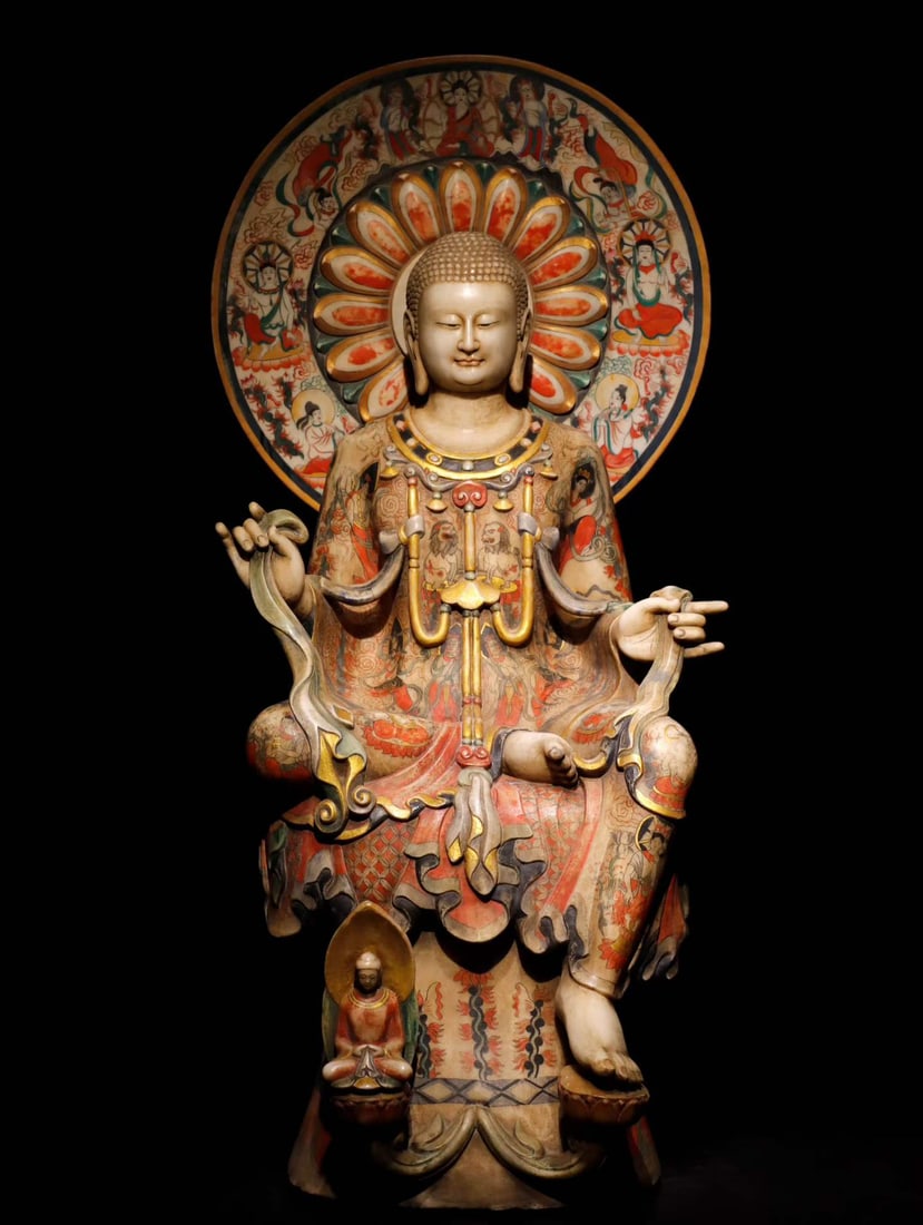 A piece of Northern Qi white jade painted Buddha: Northern Qi White Jade Painted Buddha The whole body is painted exquisitely and solemnly SIZE: H:140cm W:65cm T:52cm (The Dimensions Of All Batches Are Manually Measured.If You Need More Detailed Info