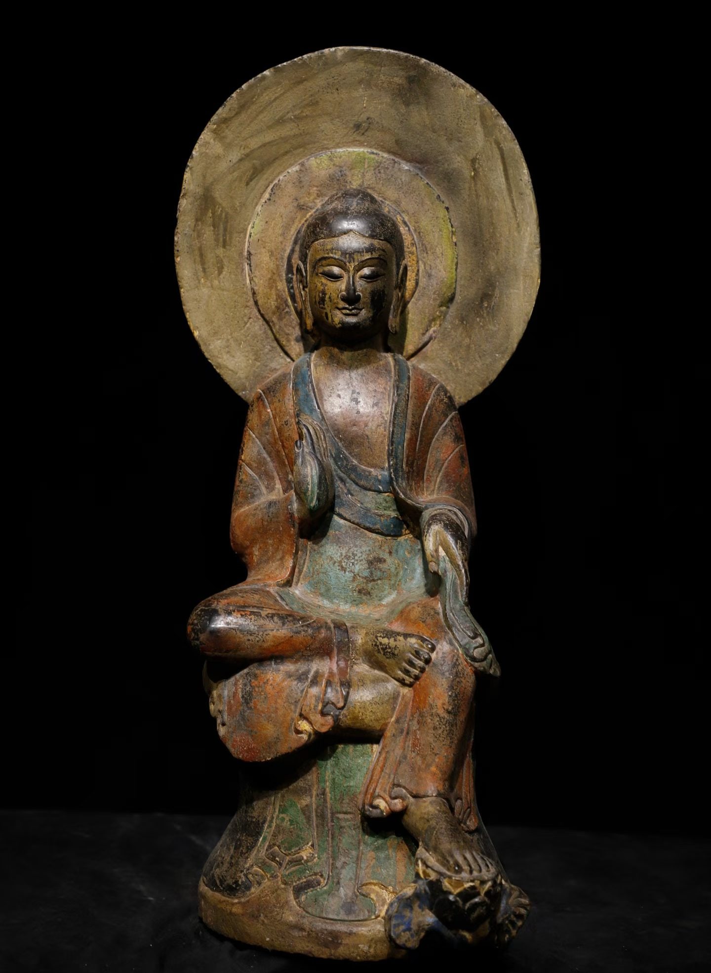 A Northern Qi bluestone painted Buddha statue: Northern Qi bluestone painted Buddha statues SIZE: H:68cm W:30cm T:28cm (The Dimensions Of All Batches Are Manually Measured.If You Need More Detailed Information, Please Contact Our Customer Service 