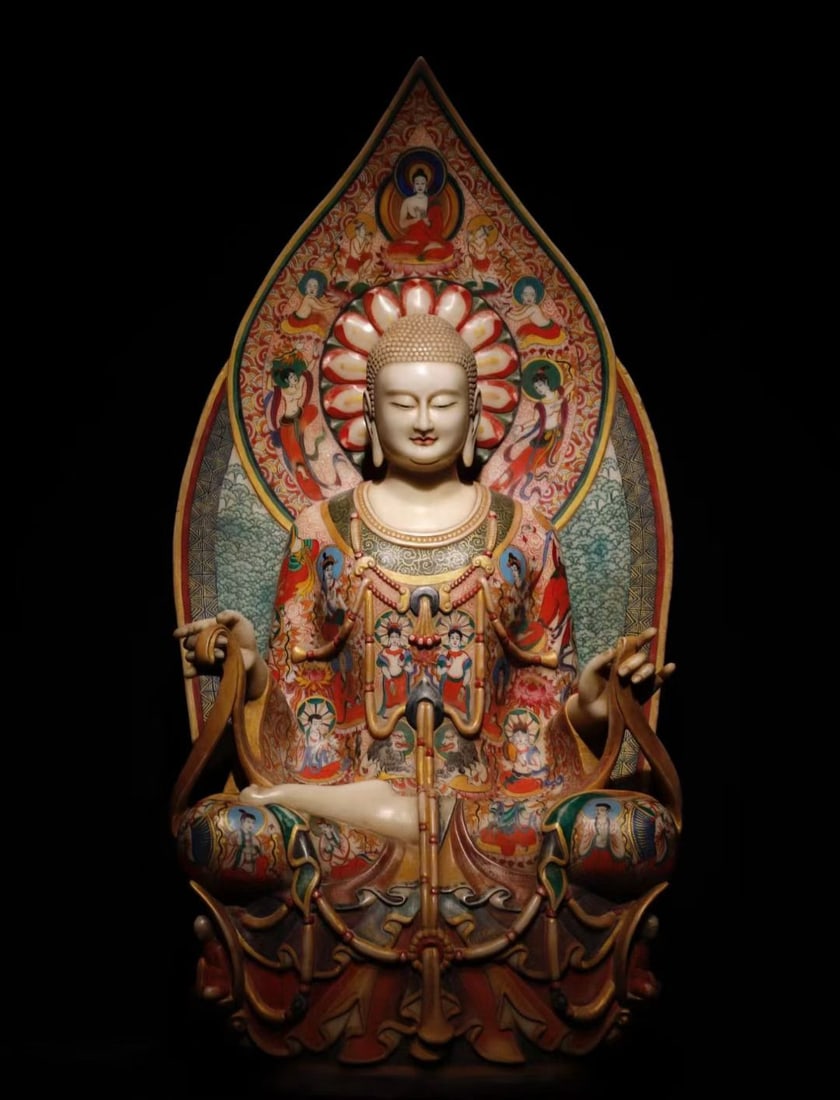 A piece of Northern Qi white jade painted Buddha: Northern Qi Han white jade painted Buddha SIZE: H:132cm W:70cm T:36cm (The Dimensions Of All Batches Are Manually Measured.If You Need More Detailed Information, Please Contact Our Customer Service Be