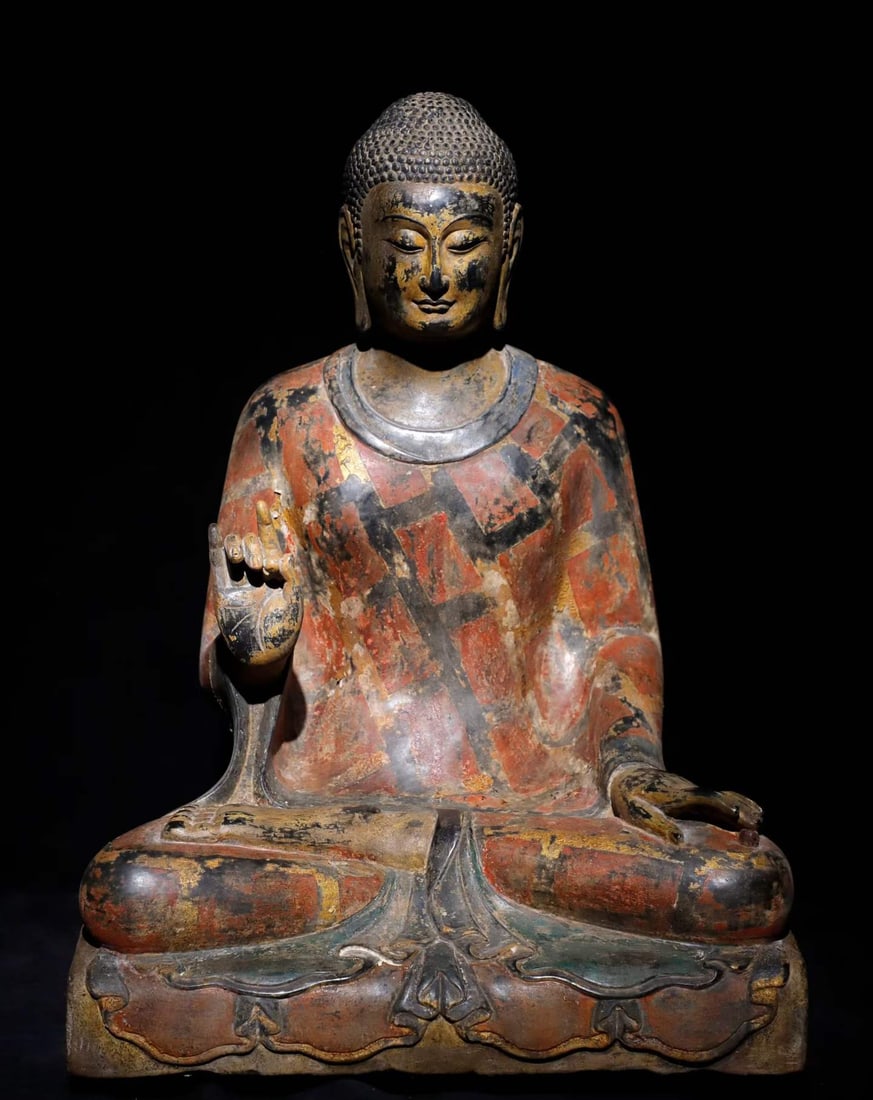 A Northern Qi bluestone painted Buddha statue: Northern Qi bluestone painted Buddha statues SIZE: H:68cm W:49cm T:36cm (The Dimensions Of All Batches Are Manually Measured.If You Need More Detailed Information, Please Contact Our Customer Service